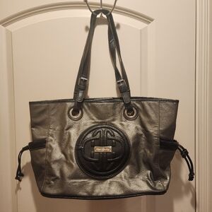 Kate Landry Metallic Silver/Gray and Black Tote With Leopard Lining